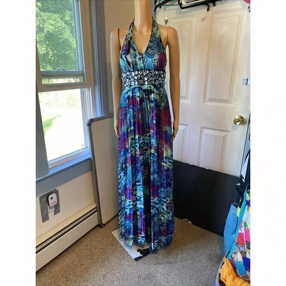 Speckless Maxi Evening Dress S Halter V Neck Abstract Multicolor Art To Wear Art - Picture 11 of 11